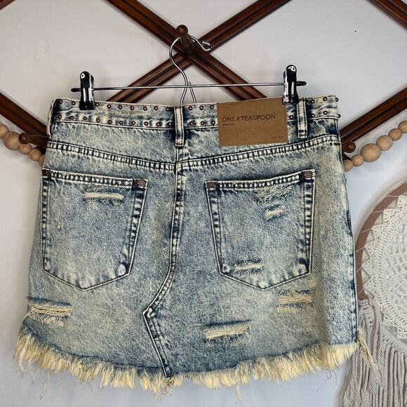 One Teaspoon Studded Junkyard Denim Distressed Fringe Skirt - Picture 2 of 4